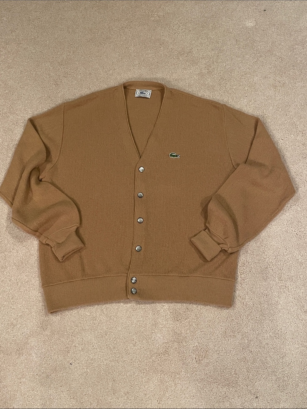IZOD Lacoste Men’s Camel Brown V-Neck Button Cardigan with Crocodile Logo